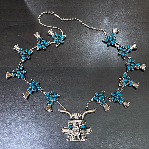 Vintage Kachina Mask Faux Turquoise Southwestern Style Squash Blossom Necklace - Picture 2 of 13